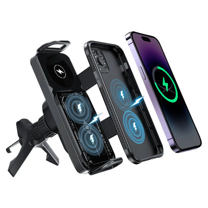 Car Wireless Charger 15W Dual Coil Car Vent Phone Holder Fast Charging Cell Phone Holder for Smartphone/Pad/Foldable Phone