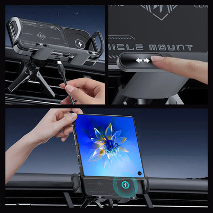 Car Wireless Charger 15W Dual Coil Car Vent Phone Holder Fast Charging Cell Phone Holder for Smartphone/Pad/Foldable Phone